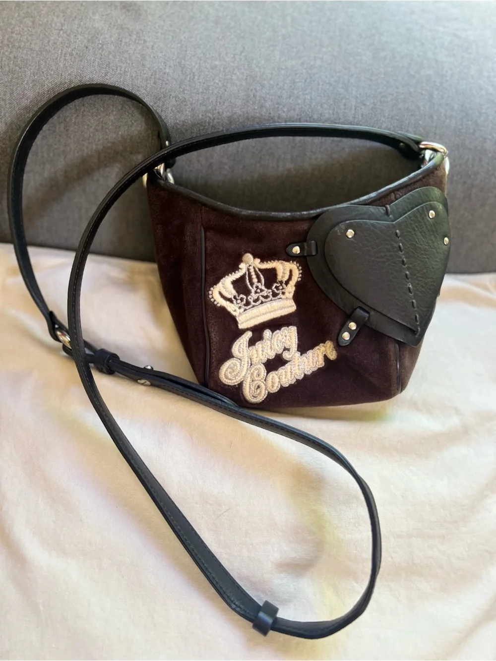 Vintage Juicy Couture Crossbody Brown Purse Black Leather Heart Velour 90s Y2K